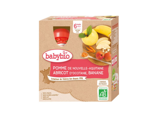 Babybio Gourde Pomme de Nouvelle-Aquitaine, Abricot et banane BIO - 4x90g