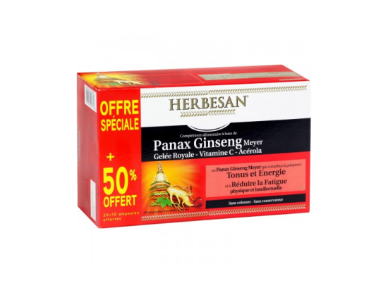 Herbesan Ginseng gelée royale vitamine C Acérola - 20 ampoules + 10 OFFERTES