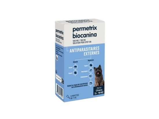 Biocanina Permetrix 500mg/100mg solution pour spot-on pour chien de 4kg à 10kg - 3 pipettes de 1 ml