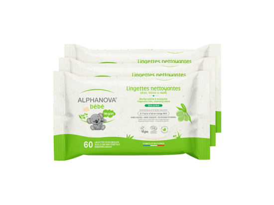 Alphanova Bébé Lingettes Nettoyantes BIO - 3 x 60 lingettes