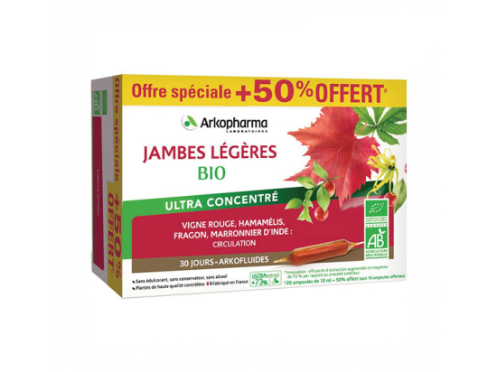 Arkopharma Arkofluides Jambes légères BIO - 20 ampoules + 10 ampoules OFFERTES