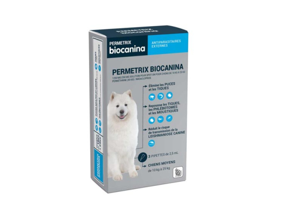 Permetrix biocanina 1250 mg/250mg solution pour spot-on pour chiens de 10kg à 25kg - 3 pipettes