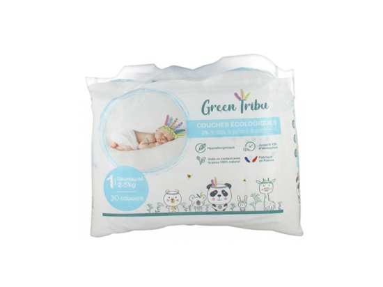 GREEN TRIBU Couches écologiques nouveau né T1 (2-5kg) - 30 couches