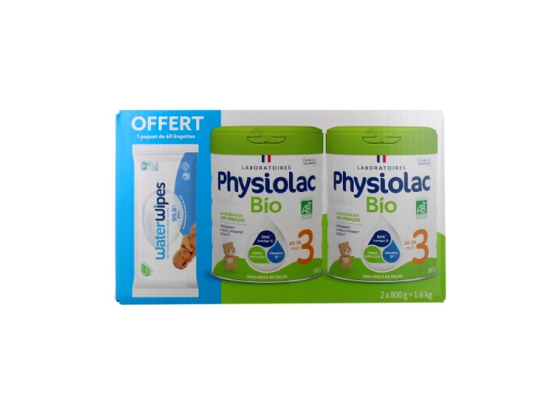 Duo Physiolac 3 Lait de Croissance BIO + Lingettes WaterWipes OFFERTES - 2x800g