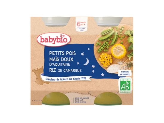 Babybio Petits pois, maïs doux d'aquitaine &  riz de camargue BIO - 2x200g