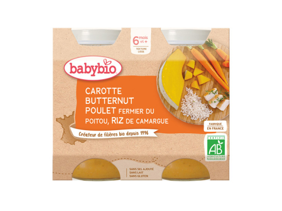Babybio Petits pots Carotte, courge butternut, poulet fermier du poitou, riz BIO - 2x200g