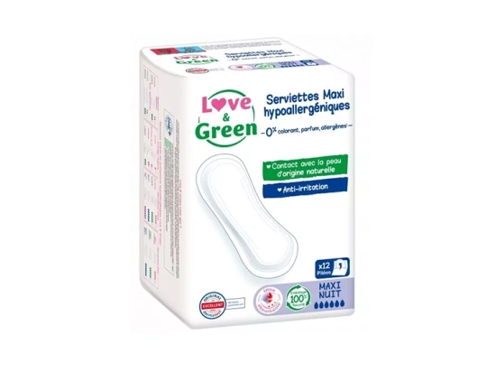 Love & Green Serviettes hypoallergénique Ultra Nuit - 12 serviettes hygiéniques