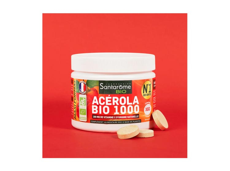 Complément Alimentaire SANTAROME Acérola Bio 1000 Vitamine C - 60 Comprimés à Croquer - Exp. 01/2027