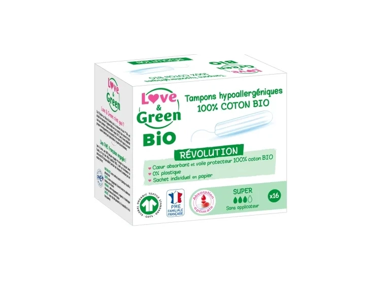 Love & Green Tampons 100% Coton BIO Sans applicateur - 16 tampons