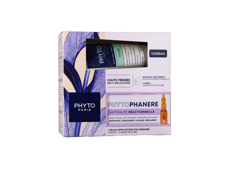 Phytophanere Traitement Antichute Réactionnelle + Shampoing Volume OFFERT - 12x5ml + 100ml