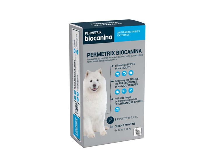 Permetrix biocanina 1250 mg/250mg solution pour spot-on pour chiens de 10kg à 25kg - 3 pipettes
