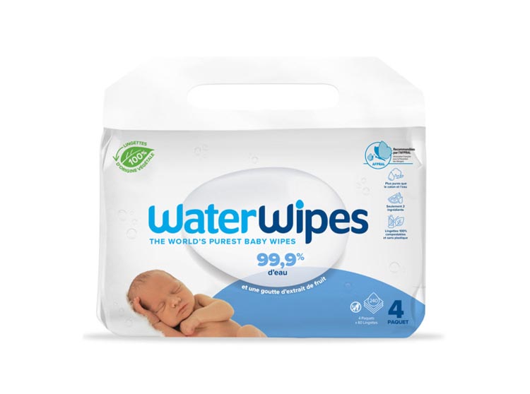 Waterwipes Lingettes bébé à l'eau 100% d'origine végétale - 4 x 60 lingettes