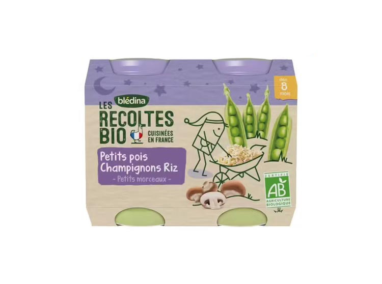 Blédina Les Récoltes BIO Petit Pot Petits pois Champignons Riz - 2x200g