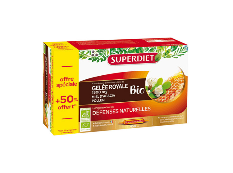 Superdiet Gelée royale 1500mg Miel Pollen BIO - 20 ampoules + 10 OFFERTES