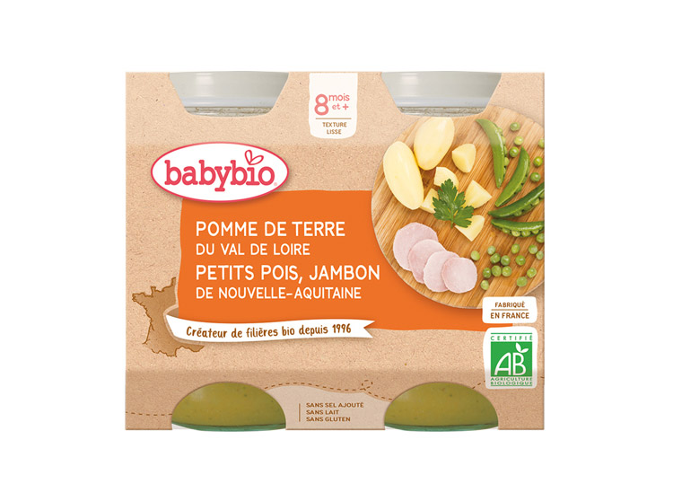 Babybio Petits pots pomme de terre du Val de Loire, petits pois & jambon de nouvelle-Aquitaine BIO - 2x200g