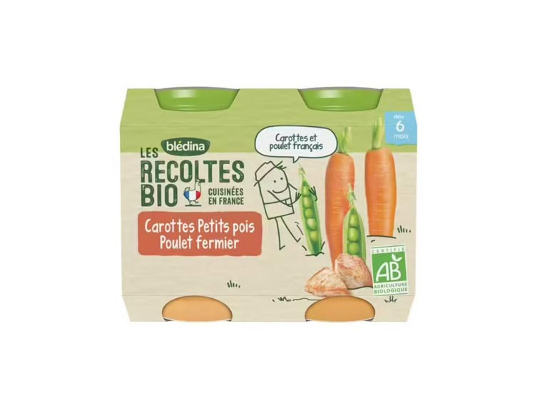 Blédina Les Récoltes Bio Petit Pot  Carottes, Petit Pois et Poulet - 2x200g