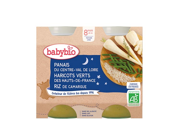 Babybio Panais de centre-Val de Loire Haricots Verts des Haut-de-France et Riz de Camargue - 2x200g